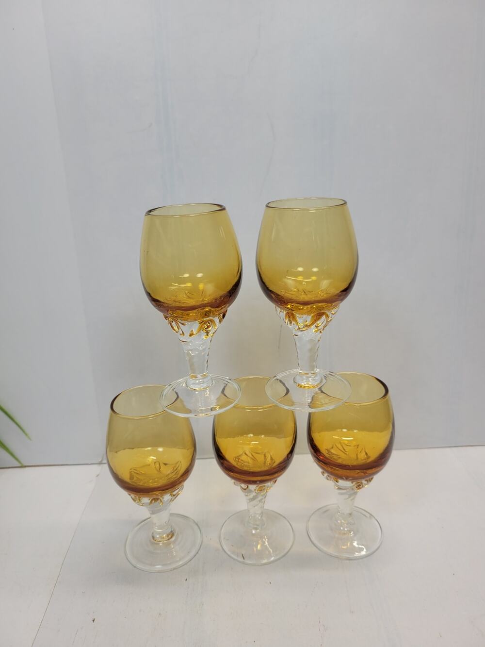 5 Vintage Amber Cordials Twisted Clear Glass Stem Decanter Glasses
